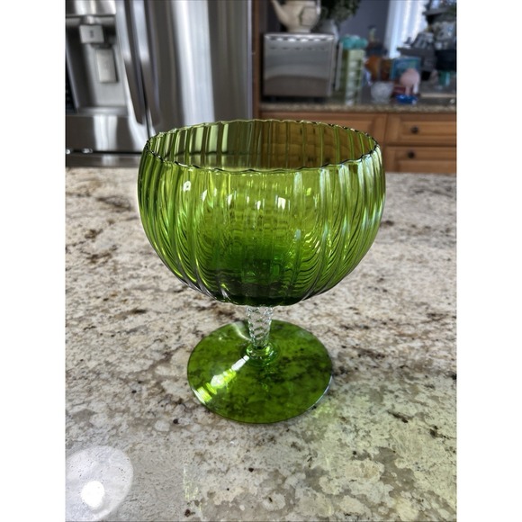 Vintage Empoli Green Ribbed Glass Pedestal Compote Bowl Scalloped Rim - Picture 2 of 7